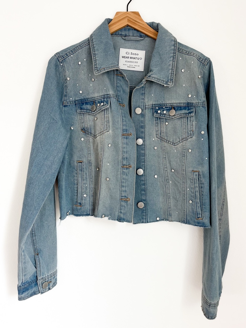 Ci Sono Rhinestone Studded Cropped Denim Jacket DJK158 Large